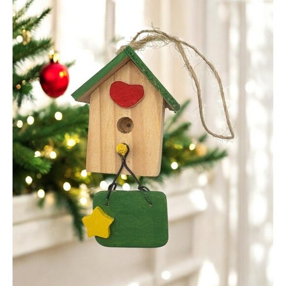 Handcrafted Wooden Birdhouse Christmas Tree Ornament Heart Star Accent - Picture 1 of 7